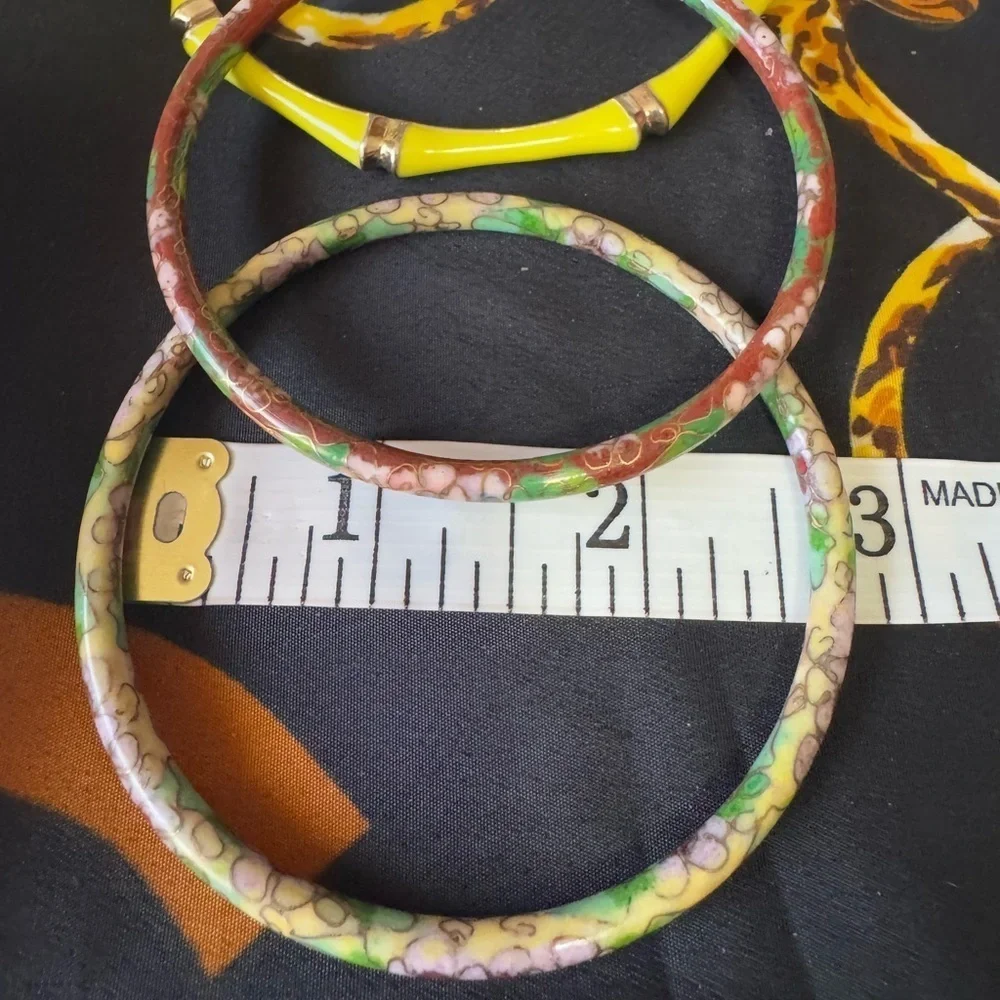 Y2K Vintage Enamel Bangle Set Colorful Cloisonné Floral Yellow Stack Bracelets